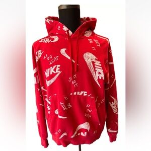 NIKE Hoodie Mens Medium Red Graphic All Over Swoosh Just Do It Y2K Sweatshirt